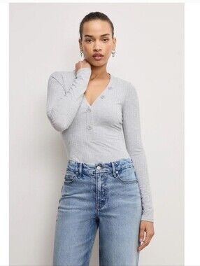 NEW Good American Gray Button Down V-Neck Bodysuit